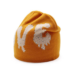 Unisex Mustard Yellow Beanie Hat With Rhinestone Letter Logo Street Style <b>Winter</b> <b>Cap</b> For Adults 56-58CM - Product Image 4