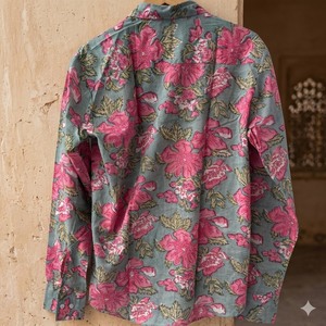 Camisa de Algodón con Estampado Floral para Mujer, Cuello Abotonado, Manga Larga, Casual, Primavera Verano, Corte Regular, Blusa con Estampado Azul y Rosa - Product Image 2