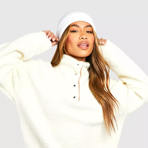 Sweat-shirt à capuche décontracté surdimensionné pour femme en polaire tricotée, demi-zip, couleur unie, style urbain, respirant, col montant - Product Image 2