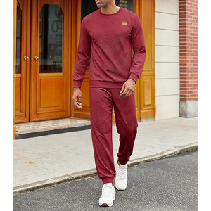 Men's <b>Red</b> Knitted Tracksuit Set Crew Neck Solid Color Casual Wear Breathable Autumn Season Spandex Cotton <b>Material</b> - Product Image 5