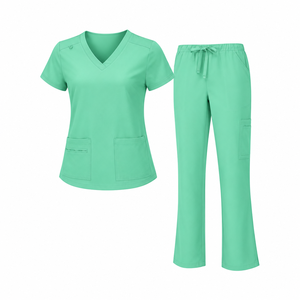 Ensemble de tenue médicale vert émeraude pour femme : Haut à col en V et manches courtes avec poches, pantalon à cordon de serrage – Uniforme d'infirmière pour hôpital et clinique, uni - Product Image 1