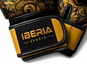Iberia Sports Boxing Gloves <b>Black</b> Gold Pattern PU Leather <b>Velcro</b> Closure Breathable for Adults Training and Fighting - Product Image 5
