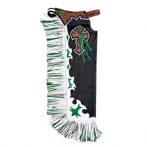 Western Rodeo Chaps Black Green Fringe Cross Applique Full Length Horse Riding Wear Unisex - Product Image 1
