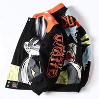Blouson de motard vintage noir et orange personnalisé OEM pour homme, avec motif lapin de dessin animé brodé et patchwork de lettres