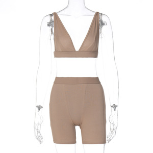 Ensemble de yoga bleu uni pour femme, haut court dos nageur à col en V profond et leggings taille haute longueur intégrale, sans couture, en Spandex et Polyester, 2 pièces - Product Image 2