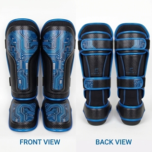 Protège-tibias professionnels en néoprène bleu et blanc, élastiques, ajustables avec fermeture auto-agrippante pour la boxe, équipement de protection pour adultes - Product Image 3