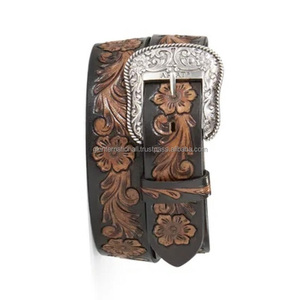 Stylish Western Products Hand Carved Floral Embossed Men's Fashion Western <b>Leather</b> <b>Tooling</b> <b>Belt</b> With Antique Silver Brass Buckle - Product Image 5