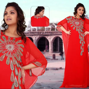 Vestido Kaftan Tradicional Musulmán con Diseño Marroquí Rojo Dubai Farasha, con Cuentas de Piedra, Trabajo Hecho a Mano, Transpirable y Ligero 2024 - Product Image 1