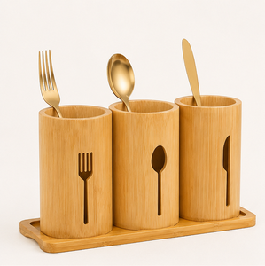 Modern Eco-Friendly 3-Compartment Bamboo Utensil <b>Caddy</b> For Countertop Sustainable Wood Silverware Holder And Flatware Organizer - Product Image 2