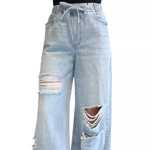 Pantalon en jean taille haute à jambe large, déchiré et délavé, coupe ample, longueur intégrale, en coton, avec cordon de serrage, style décontracté - Product Image 2