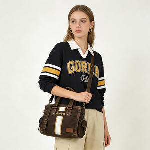 Retro Canvas Handbag with Leather Trim Unisex Vintage Style Shoulder Bag with Adjustable Strap - Product Image 2