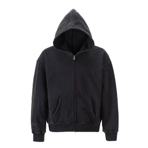 Sweat-shirt à capuche zippé noir pour homme, coupe classique, en molleton de coton, décontracté, pour l'automne, avec poches, tricoté, couleur unie - Product Image 2
