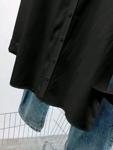 <b>Black</b> Poplin Simple Summer Woven <b>Button</b>-<b>Up</b> Blouse Long Sleeve Turn-Down Collar Front Logo <b>Shirt</b> for Daily Wear - Product Image 5