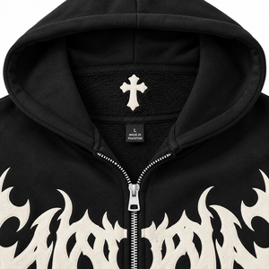 Men's Black <b>Graphic</b> <b>Zip</b> <b>Up</b> <b>Hoodie</b> Cross Print Oversized Gothic Streetwear Fleece Sweatshirt - Product Image 3