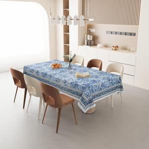 HappyKraft Customized Handmade Floral Block Print Blue Cotton Rectangular <b>Table</b> <b>Cover</b> Eco-Friendly Rajasthan for Home Hotel Use - Product Image 3