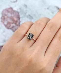 Bague en rutile noir naturel, taille émeraude, argent sterling 925 plaqué or 14 carats, bague de mariage vintage unique - Product Image 5