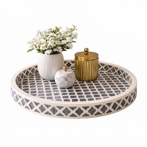 Wholesale Round Bone Inlay Serving Tray Moroccan Style <b>Grey</b> Indigo Mosaic Decorative <b>Coffee</b> <b>Table</b> Platter Artisan Home Decor - Product Image 1