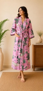 Bata de dormir de verano para mujer, larga, con estampado de pájaros, cuello en V, manga tres cuartos, de tela no tejida, 100% algodón, de secado rápido y transpirable - Product Image 4