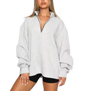 Womens Light Grey Half Zip Sweatshirt Premium Heavyweight Fleece Pullover Oversized <b>Mock</b> <b>Neck</b> Athletic <b>Top</b> - Product Image 6