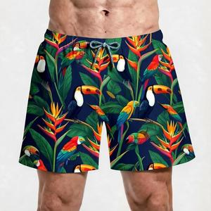 Bañadores de hombre con estampado tropical de tucán, de secado rápido, cintura media, con cordón, pantalones cortos informales, 100% poliéster, tejido de punto. - Product Image 1