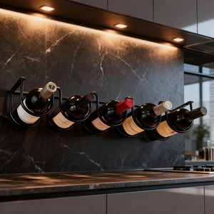 ชั้นวางไวน์ติดผนังแบบโมเดิร์นสีดำสำหรับจัดเก็บไวน์ 5 ขวด เหมาะสำหรับติดตั้งบริเวณผนังครัว ประหยัดพื้นที่ ที่วางขวดไวน์แบบแนวนอน - Product Image 2