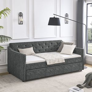 Divano letto matrimoniale trapuntato con letto estraibile, imbottito grigio, con braccioli ondulati, dimensioni 80.5"x44.5"x33.5" - Product Image 2