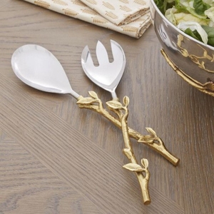 Juego de 2 utensilios para servir ensalada de acero inoxidable premium con diseño de hoja de palma chapada en oro, cuchara y tenedor con acabado en latón. - Product Image 1