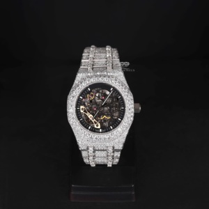 Reloj de Lujo con Diamantes Moissanite, Esfera Esqueletizada, Mecánico Automático, en Acero Inoxidable Blanco, Estilo Hip Hop - Product Image 1