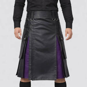 Black <b>Leather</b> Utility Kilt with Purple Panels Modern Hybrid Scottish <b>Leather</b> Kilt for Men - Product Image 1