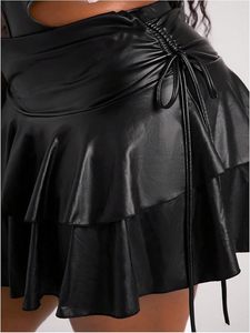 Jupe mini en cuir véritable taille haute pour femme, couleur unie, volants brillants, style A-line, sexy, style club, toutes saisons - Product Image 5