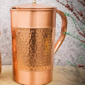 Carafe à eau artisanale en cuivre pur à 99,02 % avec couvercle martelé, bouilloire à eau faite à la main, élégante finition métallique - Product Image 2