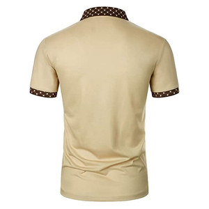 Polo à manches courtes beige pour homme avec col et poignets à motifs marron, coupe décontractée, respirant, en coton tricoté - Product Image 4