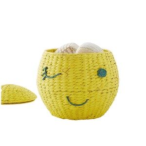 Cute Winking Face Water Hyacinth <b>Basket</b> <b>with</b> <b>Lid</b> Woven Decorative Toy Storage Bin Kids Yellow Laundry Hamper Boho - Product Image 2