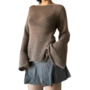 Suéteres Y2K con Lazos en la Espalda para Mujer, Manga Larga, Cuello Redondo, Color Sólido, Tejido de Punto, Estilo Casual, Otoño 2023, Nuevo, Marrón, Talla M - Product Image 1