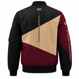 เสื้อแจ็คเก็ตบอมเบอร์สีเบจดำเบอร์กันดีแบบสั่งทำสำหรับผู้ชาย แจ็คเก็ตน้ำหนักเบา ดีไซน์ลายบล็อกสีเรขาคณิต คอเสื้อแบบริบ มีกระเป๋าซิป - Product Image 3