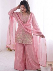 Women <b>Green</b> <b>Silk</b> top plazzo Floor Length Loose Fit Traditional Ethnic Outfit Wedding Festive Wear India Pakistan Style - Product Image 6