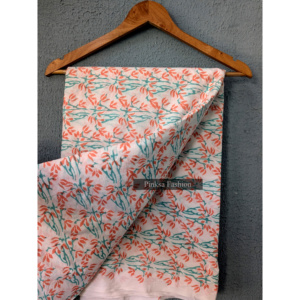 Tela de Algodón Puro Orgánica Transpirable Tejida a Mano con Estampado de Bloques de Jaipur - Estampado Floral de Enredaderas en Tono Azul Verdoso y Naranja, Venta al por Mayor por Metros - Product Image 5