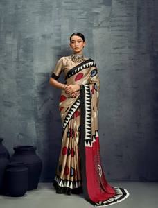 Sari en rayonne imprimé Ajrakh pour femmes |   Traditionnel indien ethnique |   Tenue de festival, mariage, Diwali, sans plis, anti-humidité, coupe ample - Product Image 3