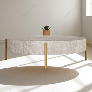 Mesa de Centro Redonda con Incrustaciones de Madreperla, Mesa de Centro de Madera Blanca con Patas de Metal en Tono Dorado, Muebles Modernos para Sala de Estar - Product Image 3
