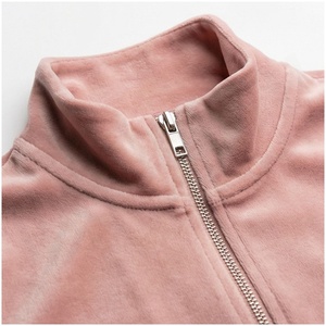 Women <b>Pink</b> Velvet Hooded <b>Tracksuit</b> Set Full Zipper Sweatshirt & Joggers Casual Autumn Wear Solid Color Long Sleeve Pants - Product Image 4