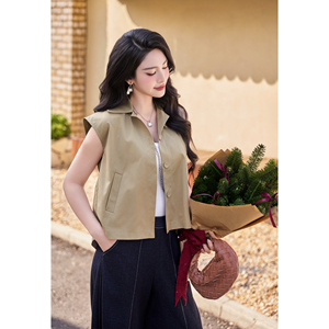 Blusa sin Mangas para Mujer, Diseño ODM OEM, Color Caqui, Pliegues en la Espalda, Cuello con Botones, Estilo Casual para Otoño e Invierno, Marca ELLERY - Product Image 4