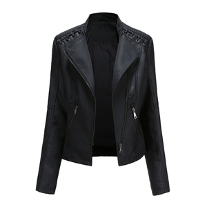 2026 Women's PU Leather Moto <b>Jacket</b> Stand Collar Full Sleeve Zipper Closure Solid Color Windproof Short Length Autumn Wear - Product Image 1