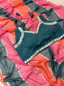 Sari de Georgette Sintética Premium con Bordado de Espejo Real, Estilo Bollywood, Largo hasta el Suelo, Diseñado para Celebraciones Festivas Elegantes y Fiestas - Product Image 5