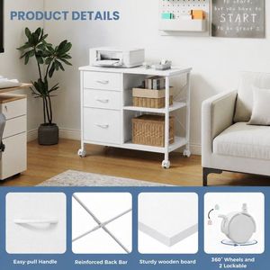 Rolling File Cabinet with 3 Fabric Drawers <b>Adjustable</b> <b>Shelf</b> Lockable Wheels White - Product Image 3