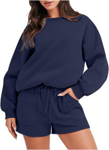Ensemble 2 pièces short et sweat-shirt pour femme, coupe ample, avec short à cordon de serrage, tenue décontractée pour la maison, col rond court personnalisé pour femme - Product Image 2
