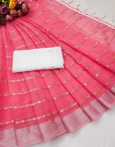 Sari de lino y algodón Banarasi adornado KV - Product Image 1