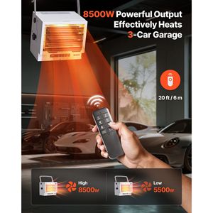 Riscaldatore Elettrico da Garage 8500 Watt con Telecomando, Timer 10 Ore, Protezione dal Surriscaldamento, Montaggio a Parete/Soffitto per Riscaldamento Officina - Product Image 2