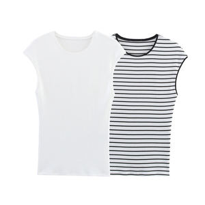 T-shirt da donna in maglia a <span class=keywords><strong>righe</strong></span> nautiche 2026, bianco <span class=keywords><strong>e</strong></span> nero, a <span class=keywords><strong>righe</strong></span> orizzontali, con cuciture a contrasto <span class=keywords><strong>rosse</strong></span>, a costine, vestibilità slim, top estivo HD - Product Image 6