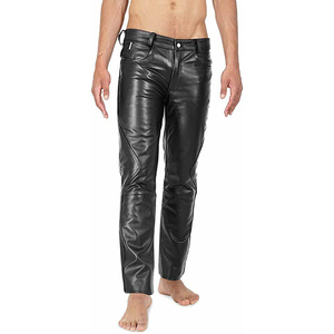 Pantalon en cuir noir pour homme, taille haute, coupe droite, style motard, avec poches, fermeture boutonnée, pour l'hiver - Product Image 2