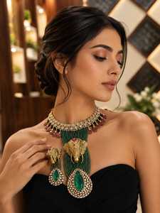 Magnifique ensemble collier et boucles d'oreilles en laiton plaqué or de qualité supérieure avec moissanite Polki pour femme, idéal pour mariage, fête ou cadeau tendance - Product Image 1